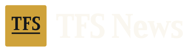 The TFS News lockup reversed, with a gold mark